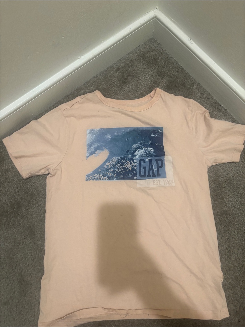 GAP Men's Light Pink Tee with Blue Wave Graphic